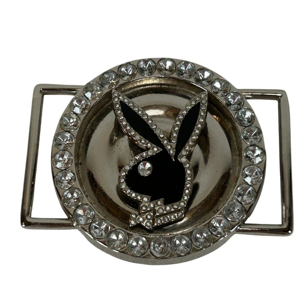 Playboy Bunny Belt Buckle Silver Tone Rhinestone Crystal Round Logo Y2K McBling
